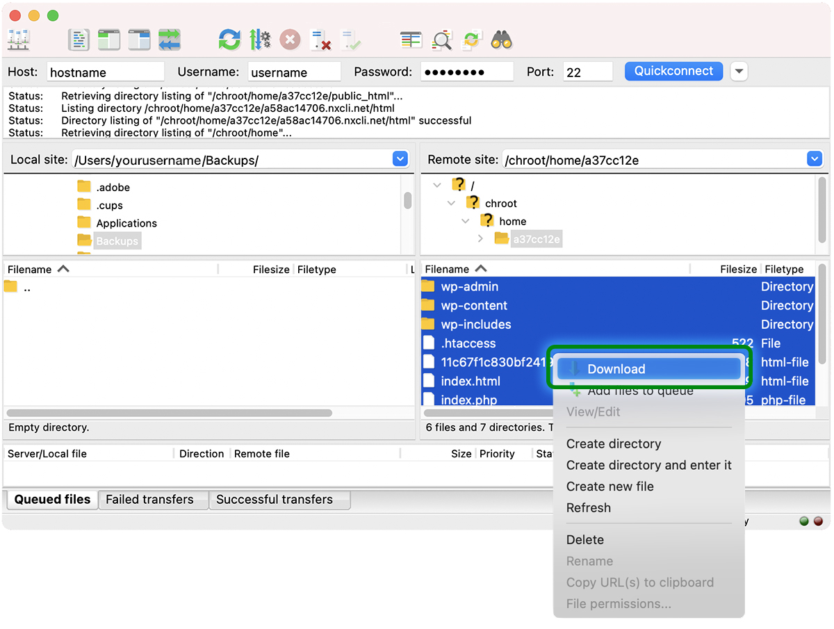 download option in FileZilla