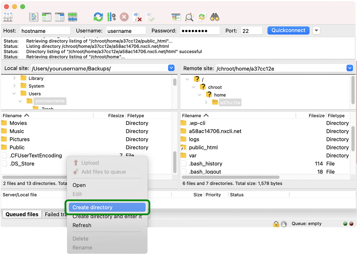 creating a new directory in FileZilla