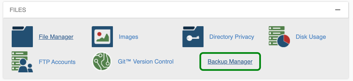 cPanel Files section with Backup Manager highlighted