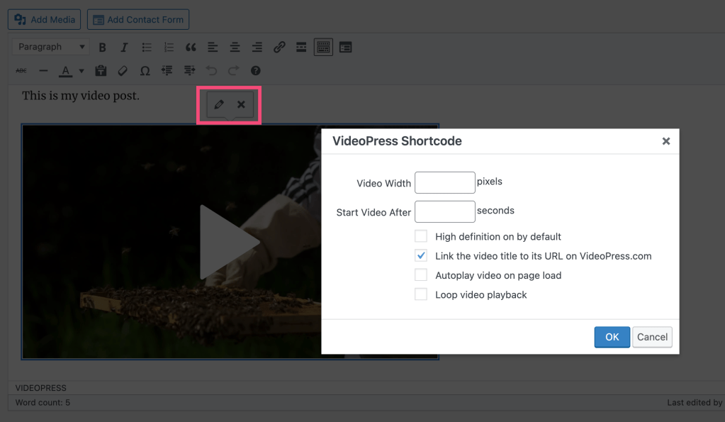 A video loaded via Classic Editor, with the settings modal open.