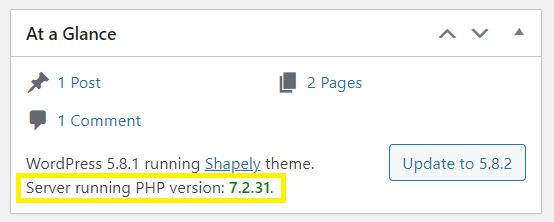 Versión de PHP indicada en la sección De un vistazo