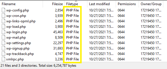 lista de archivos principales de WordPress con el tipo de archivo «archivo PHP» resaltado