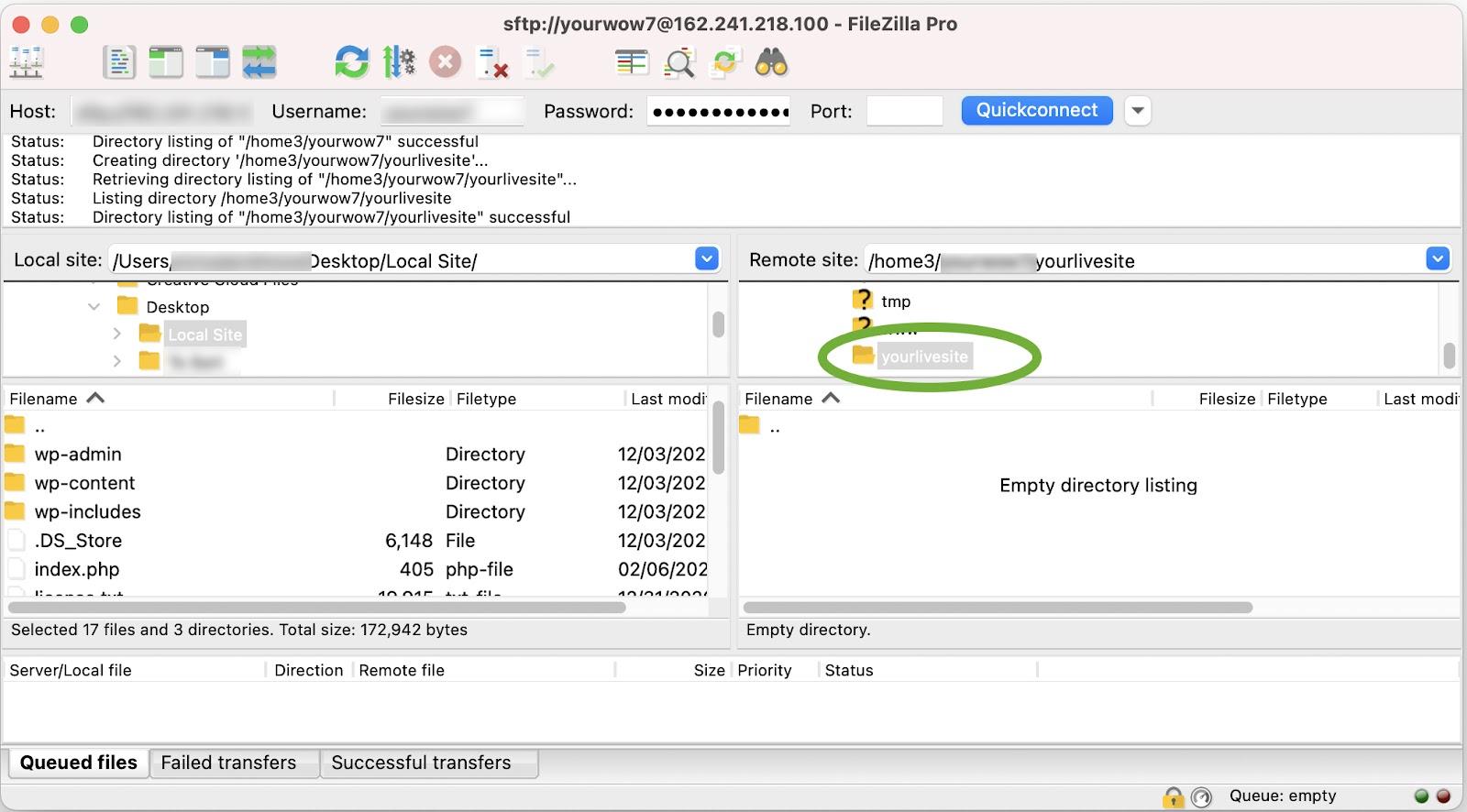 live site directory highlighted in the right panel