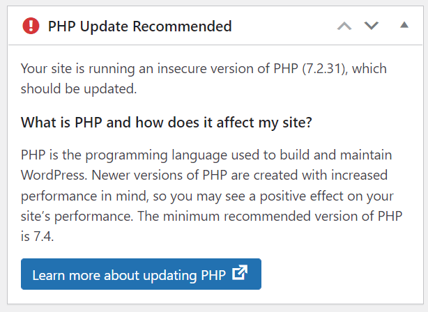 Advertencia de actualización de PHP en el escritorio de WordPress