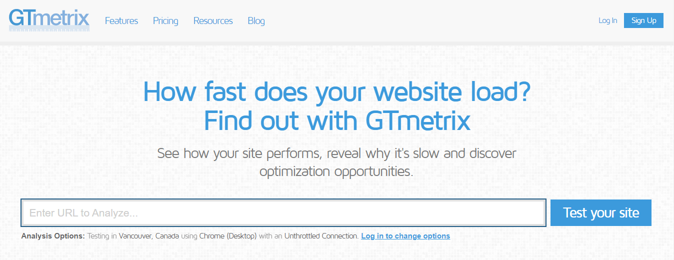 página de inicio de la prueba de velocidad de GTMetrix