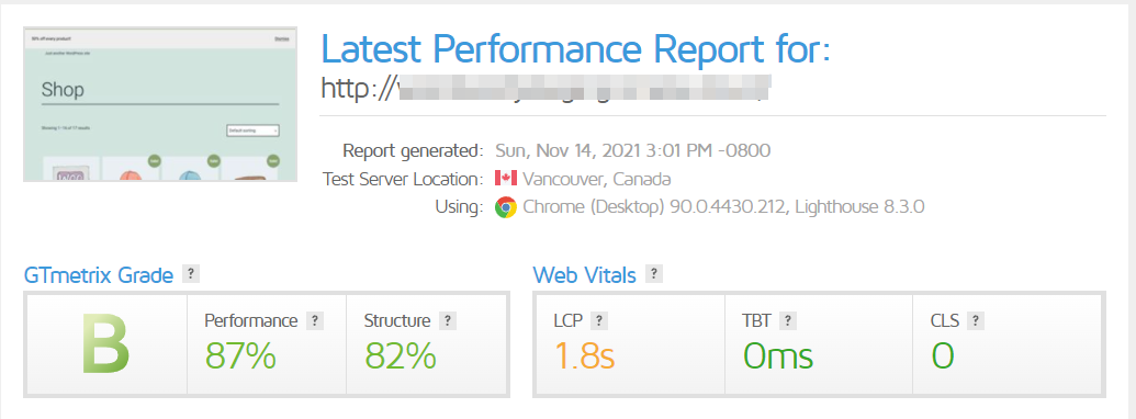 performance report for a site before enabling Jetpack CDN