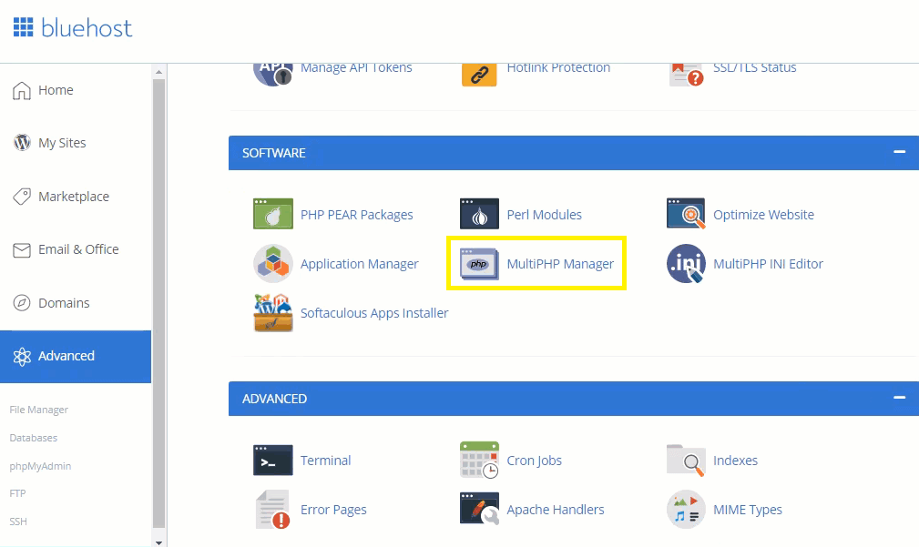 Interfaz de Bluehost que muestra el gestor de MultiPHP