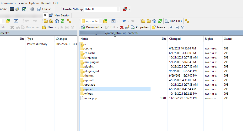 Uploads folder selected in file manager