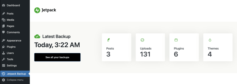 Jetpack Backup showing the latest available backup