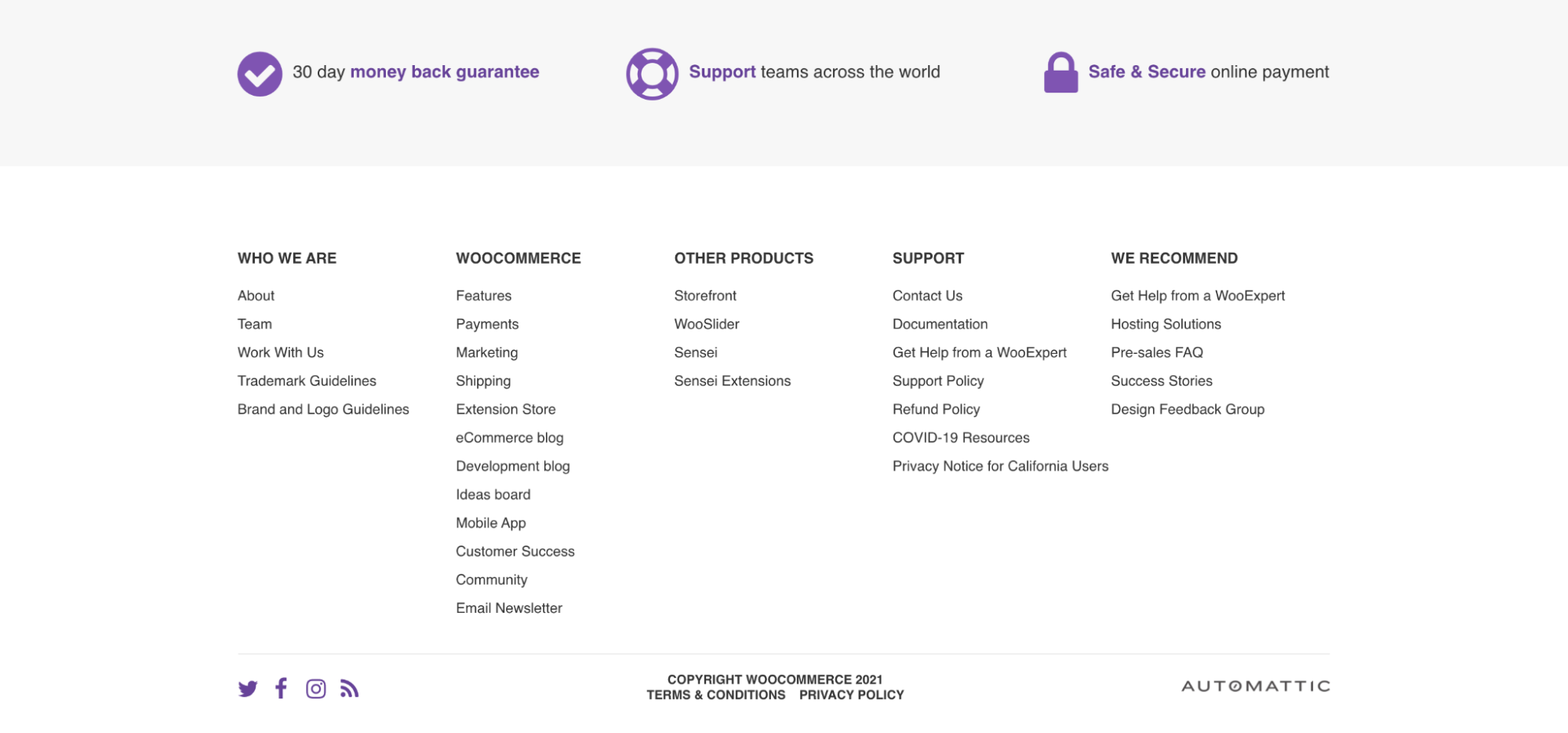 WooCommerce footer with three clear areas