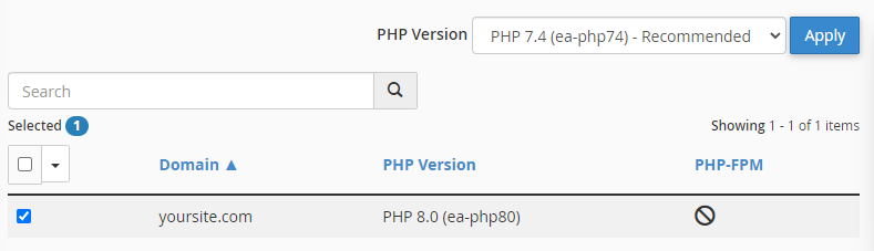 edición de la versión de PHP en cPanel