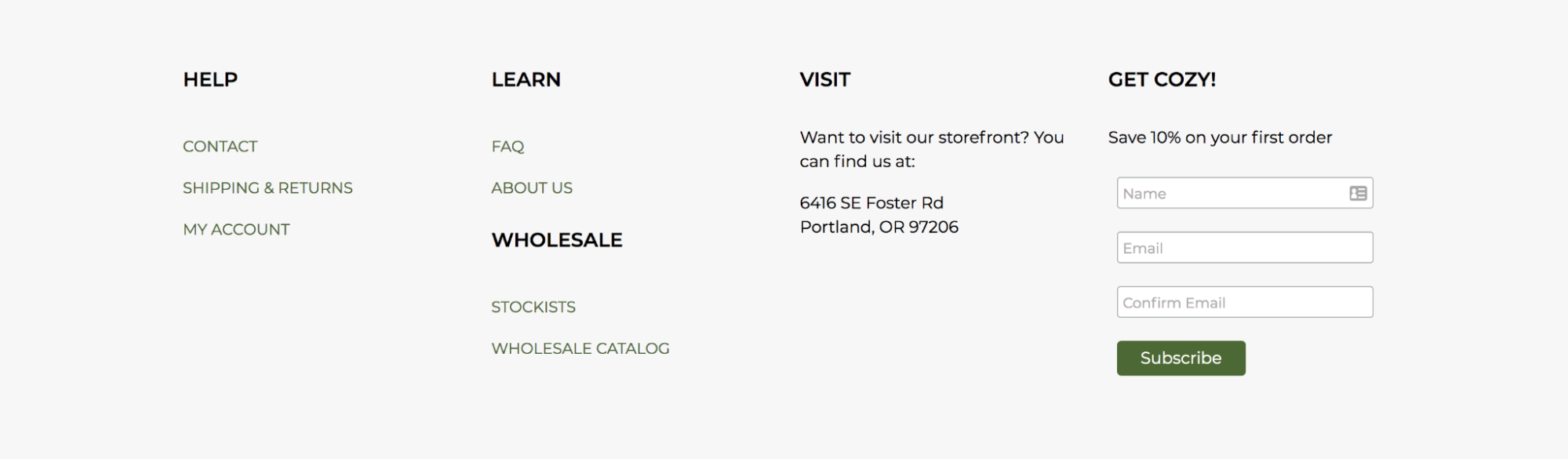 Wild Mountain Wax footer with links to important pages
