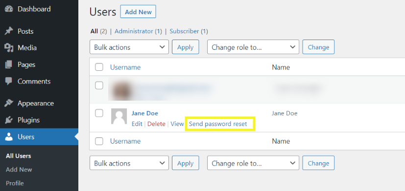 send password link in the Users section of WordPress