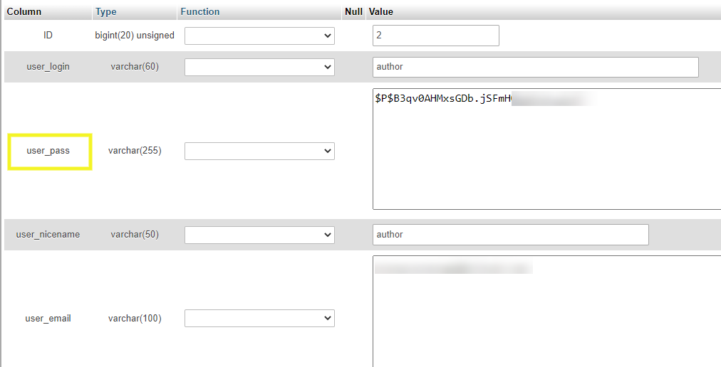 resetting a user password in PHPMyAdmin