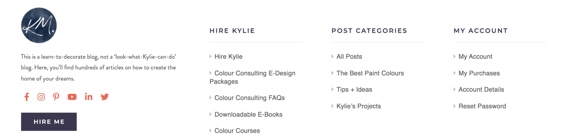 Kyle M Interiors' footer with blog post categories
