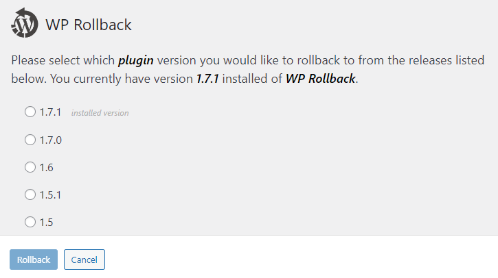 Versiones del plugin WP Rollback