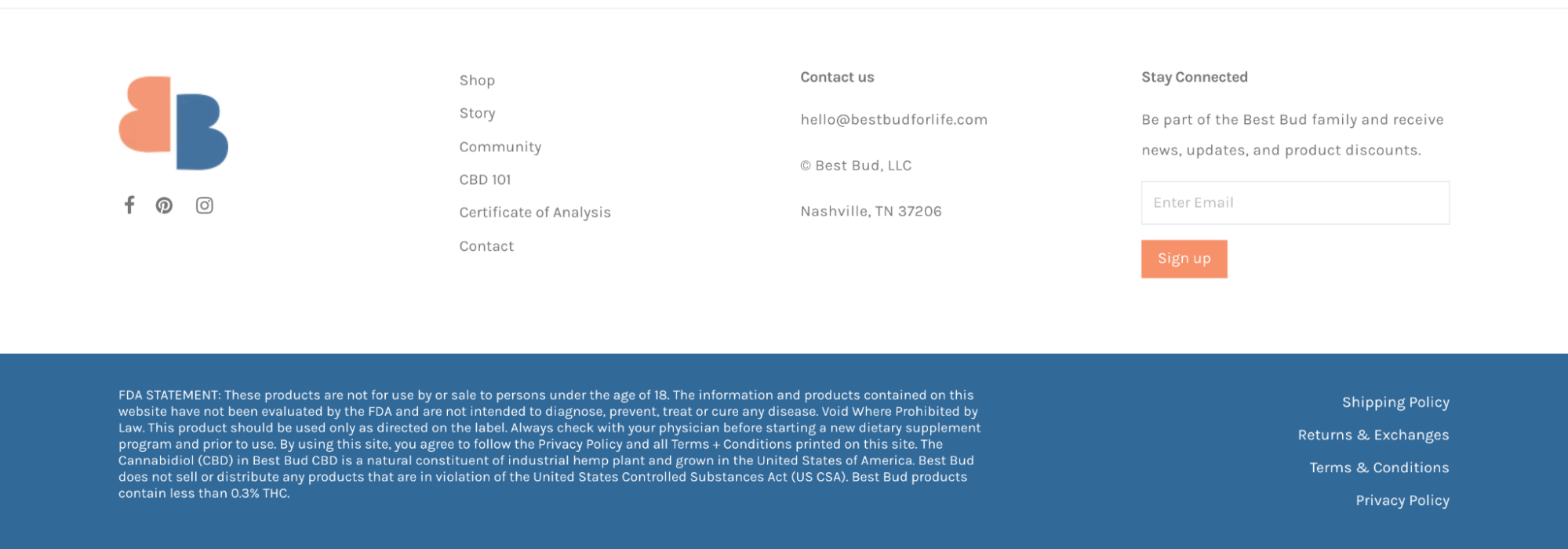 Best Bud's website, featuring an FDA statement in the footer
