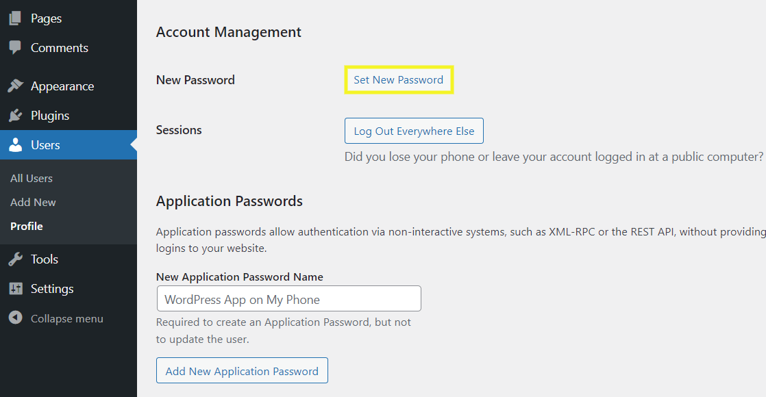 Set New Password button in WordPress