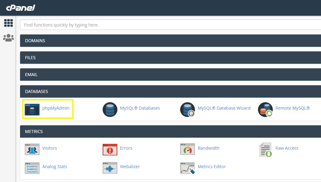phpMyAdmin highlighted in cpanel