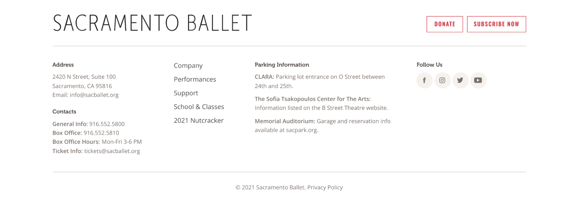 Footer from the Sacramento Ballet website