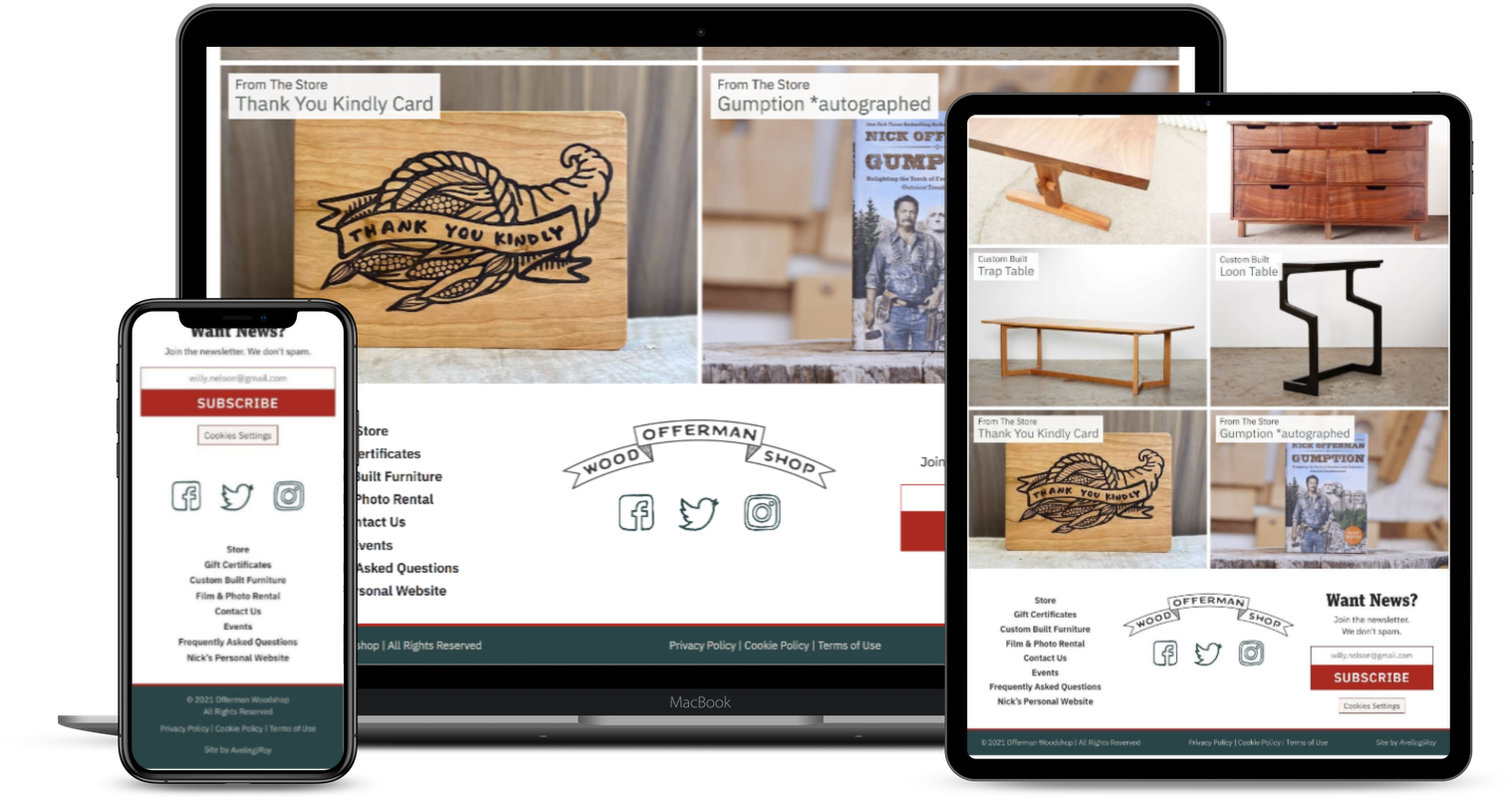 Offerman Woodshop footer on multiple device types