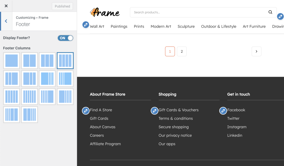 footer options for the Frame theme