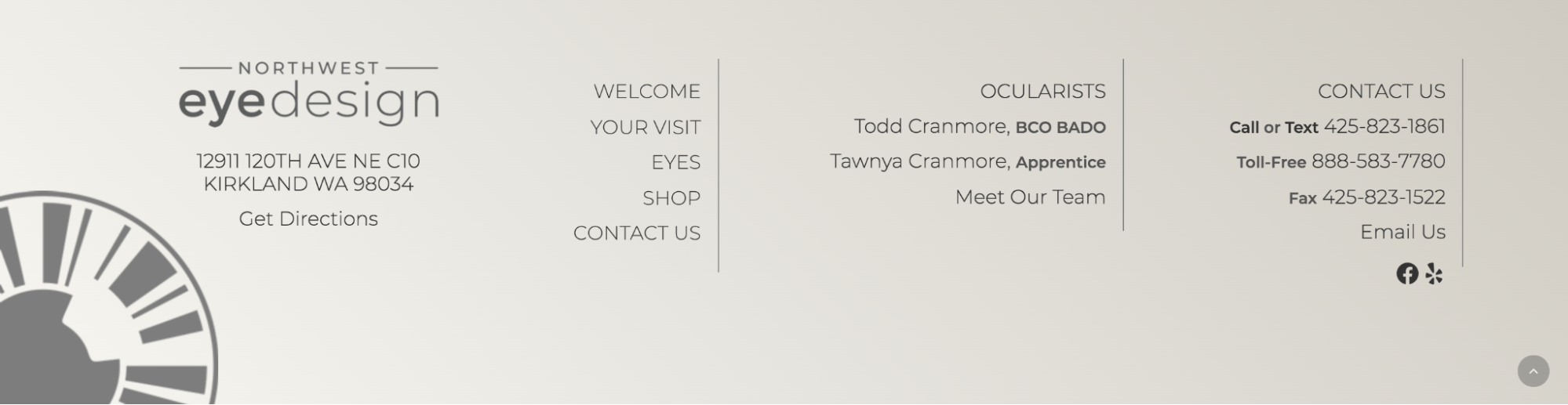 Northwest Eye Design footer with address information and links to a map