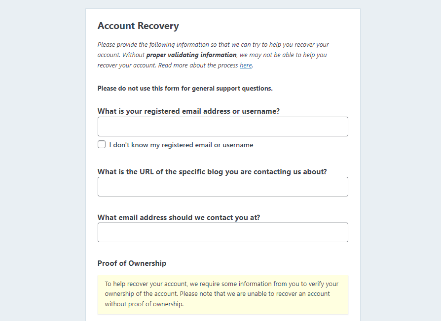 account recovery form from WordPress.com