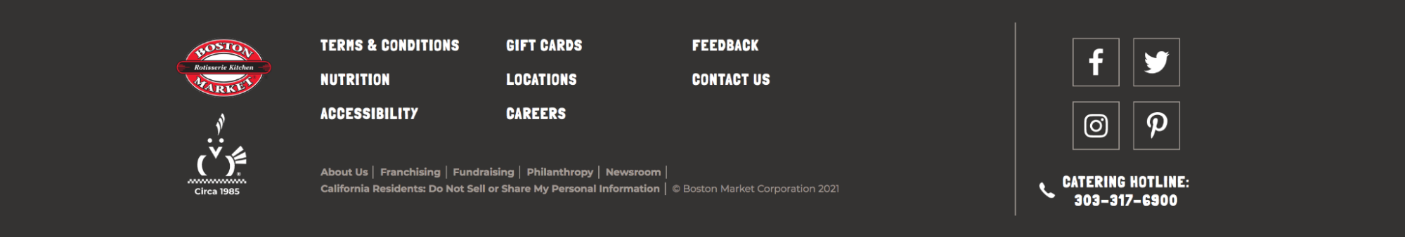 Boston Market footer with separate sociaal media icons