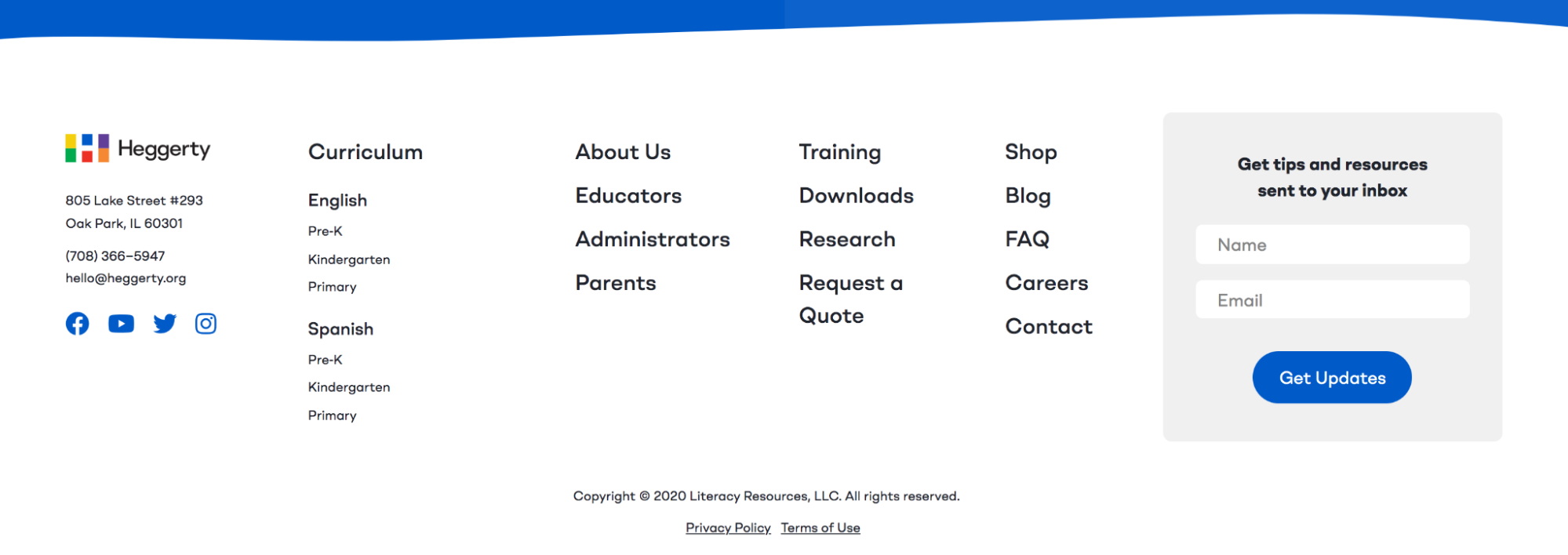 Heggerty footer featuring an email newsletter signup form