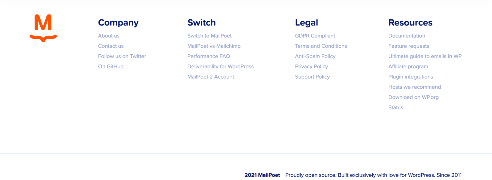 MailPoet footer divided into columns