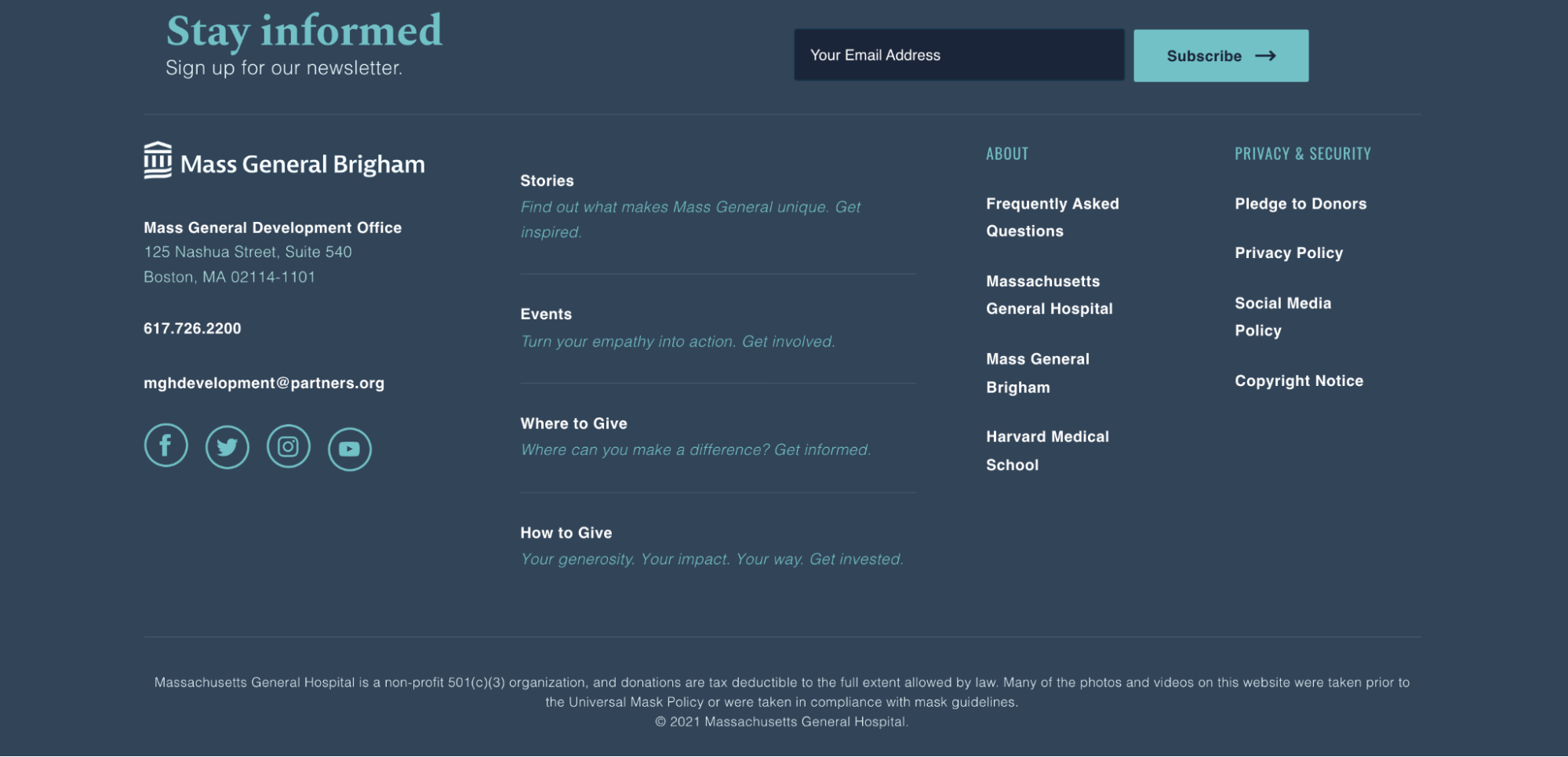 Mass General Hospital footer with clear contact information