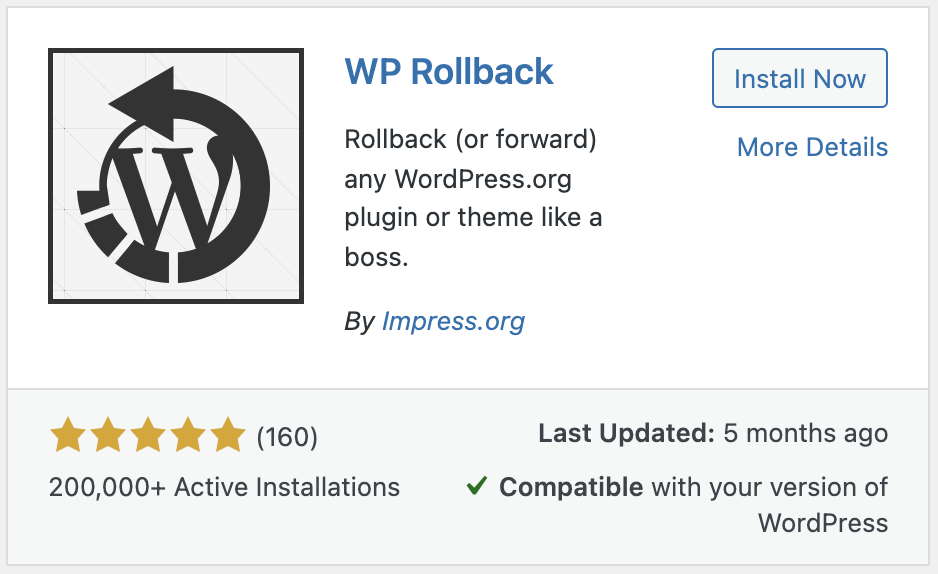 el plugin WP Rollback en la biblioteca de WP.org
