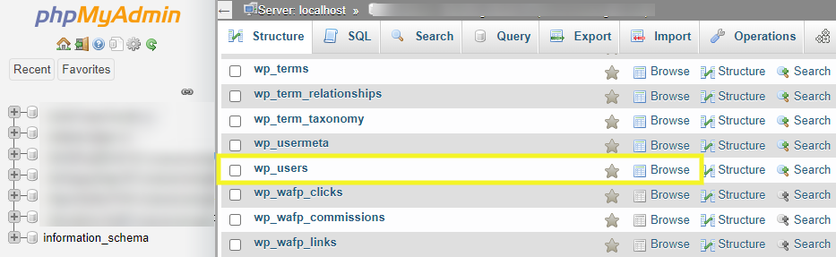 wp_users row highlighted in PHPMyAdmin