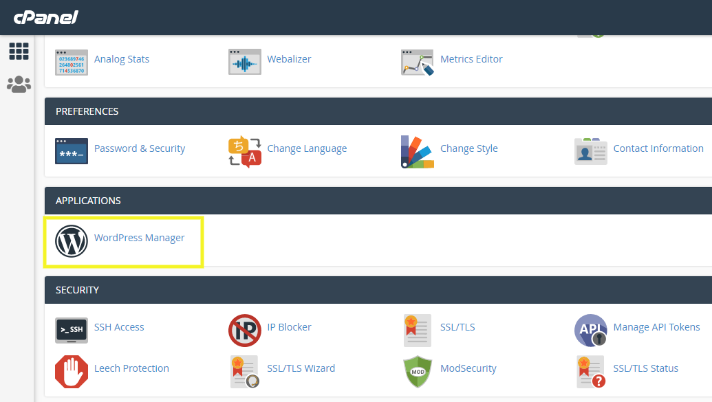 WordPress Manager highlighted in cpanel