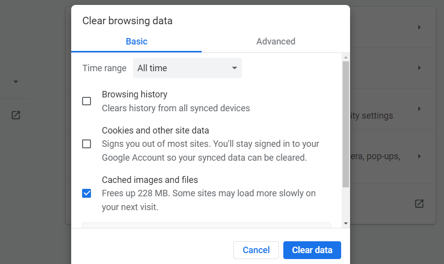 options for clearing browser data in Chrome