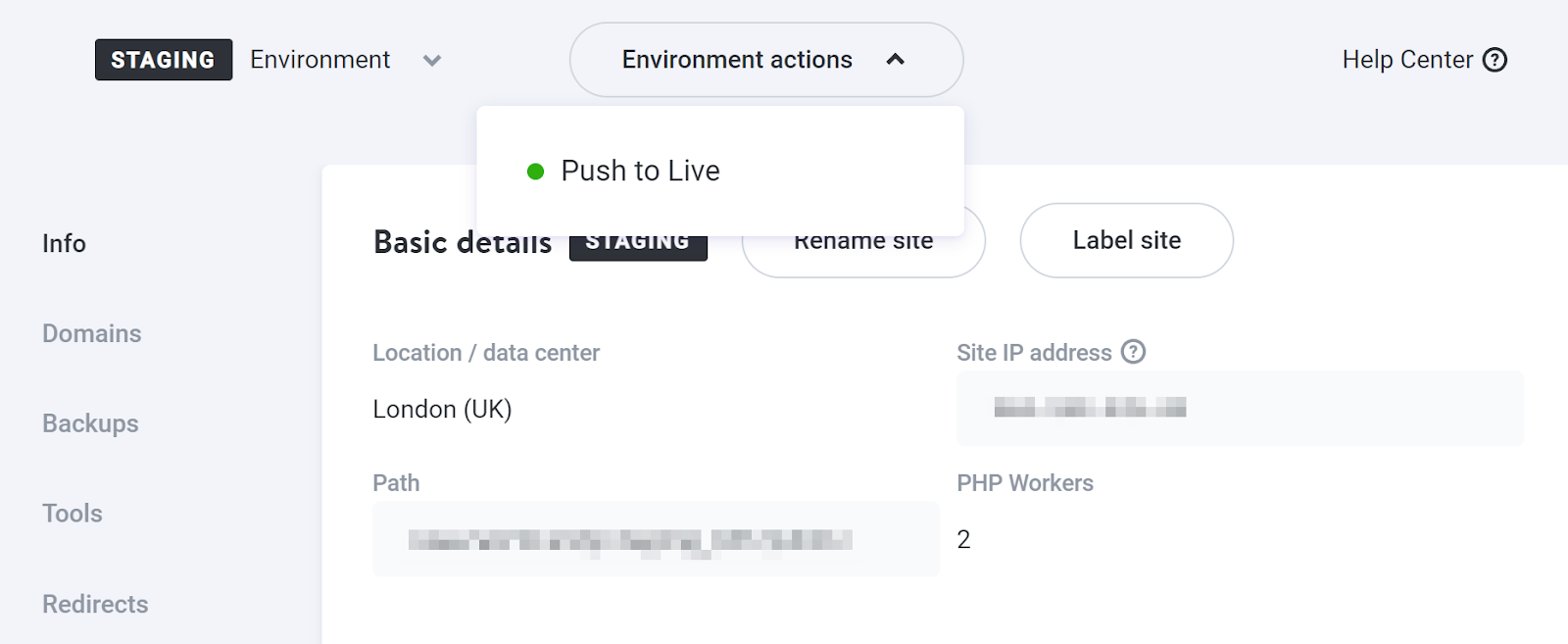 a staging environment set up for a WordPress site