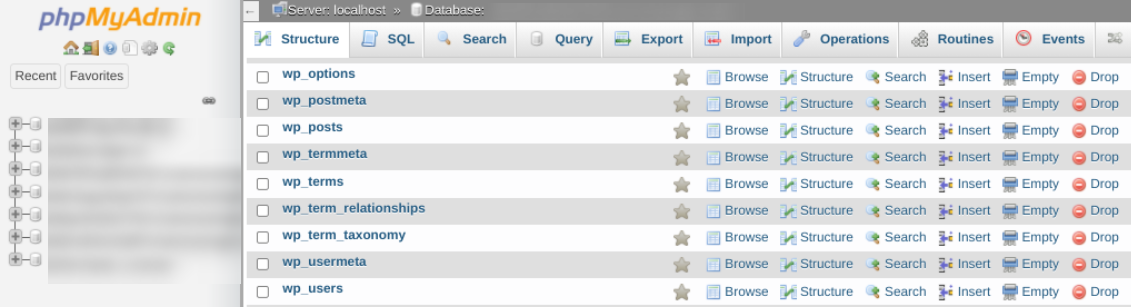 view of the tables in a WordPress database