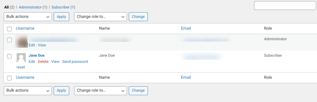 WordPress users in the dashboard
