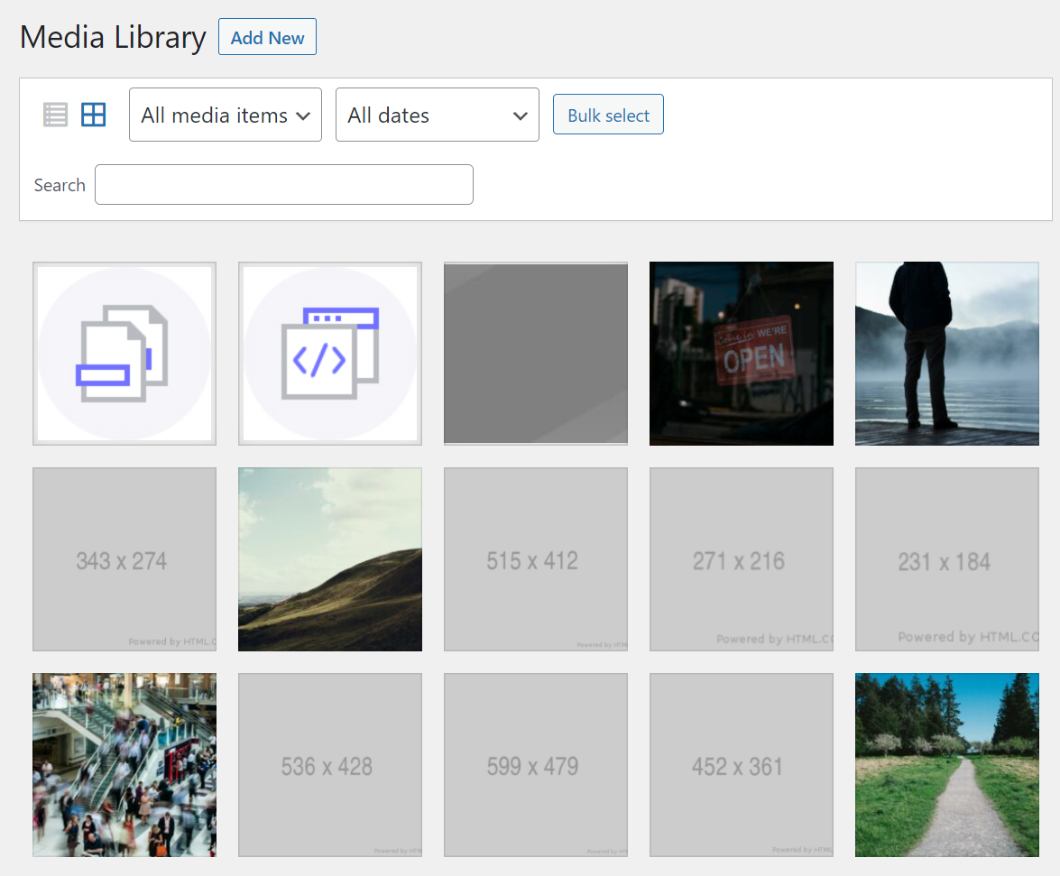 biblioteca multimedia de WordPress con una variedad de imágenes