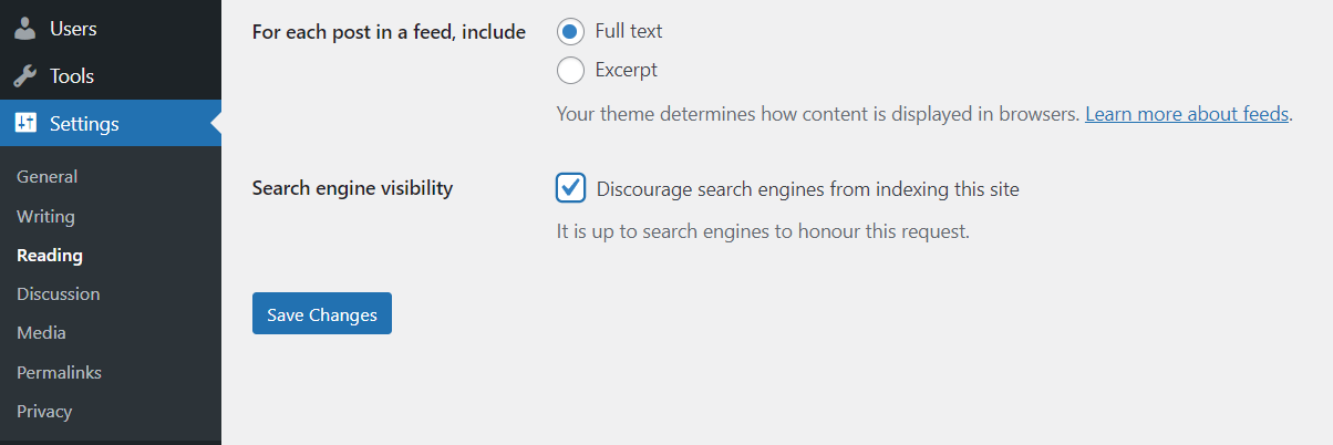 changing search engine settings in WordPress