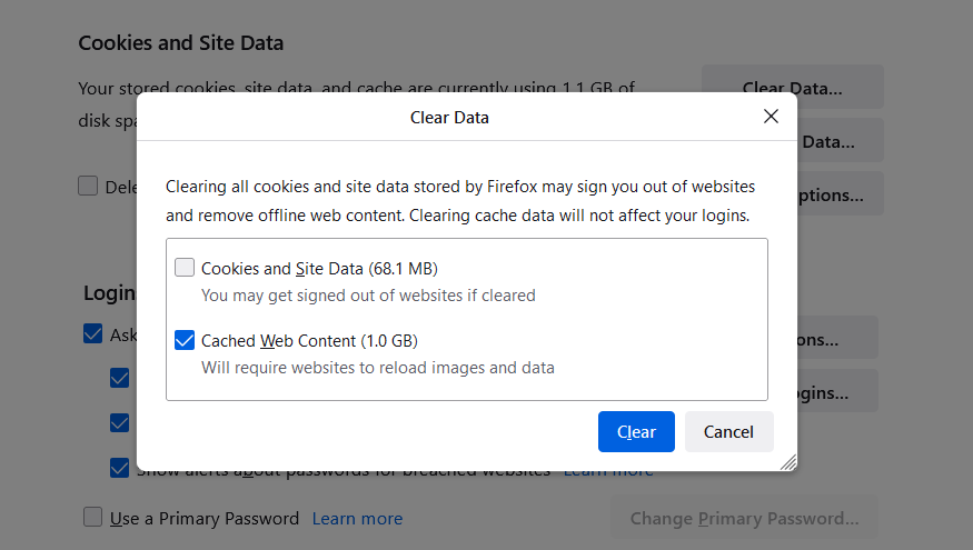 choosing the data to clear on Firefox