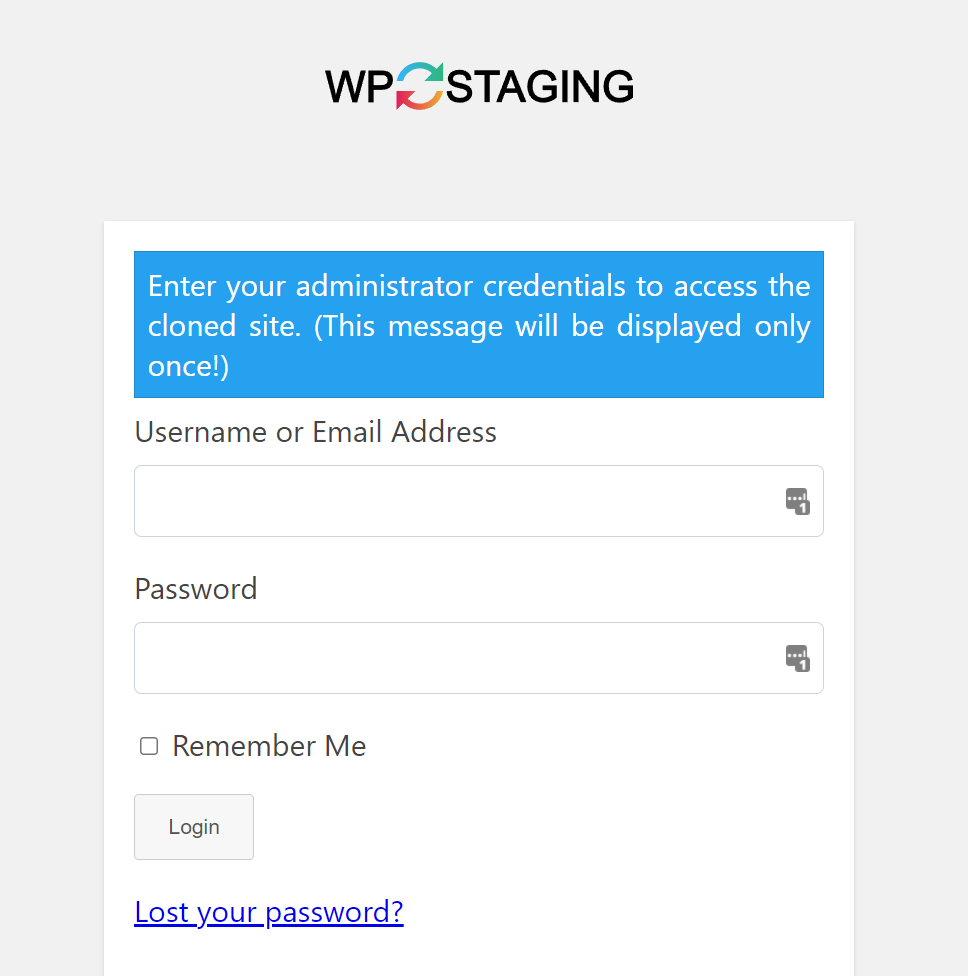 login page for a staging site