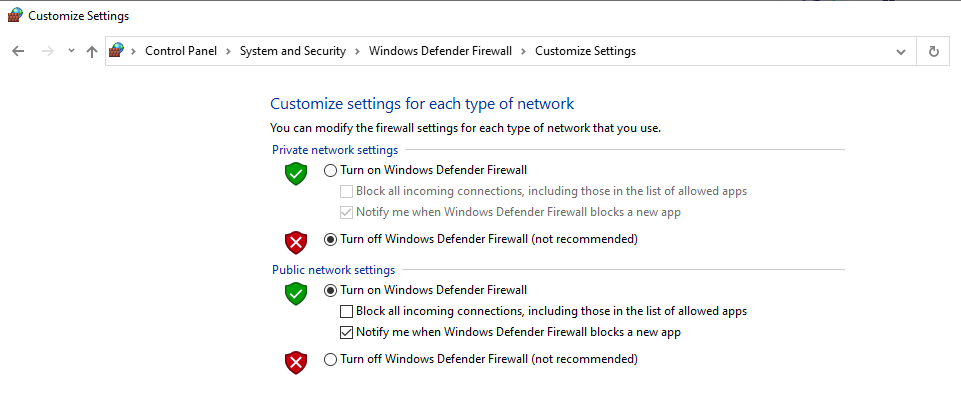 settings for turning off a Windows firewall