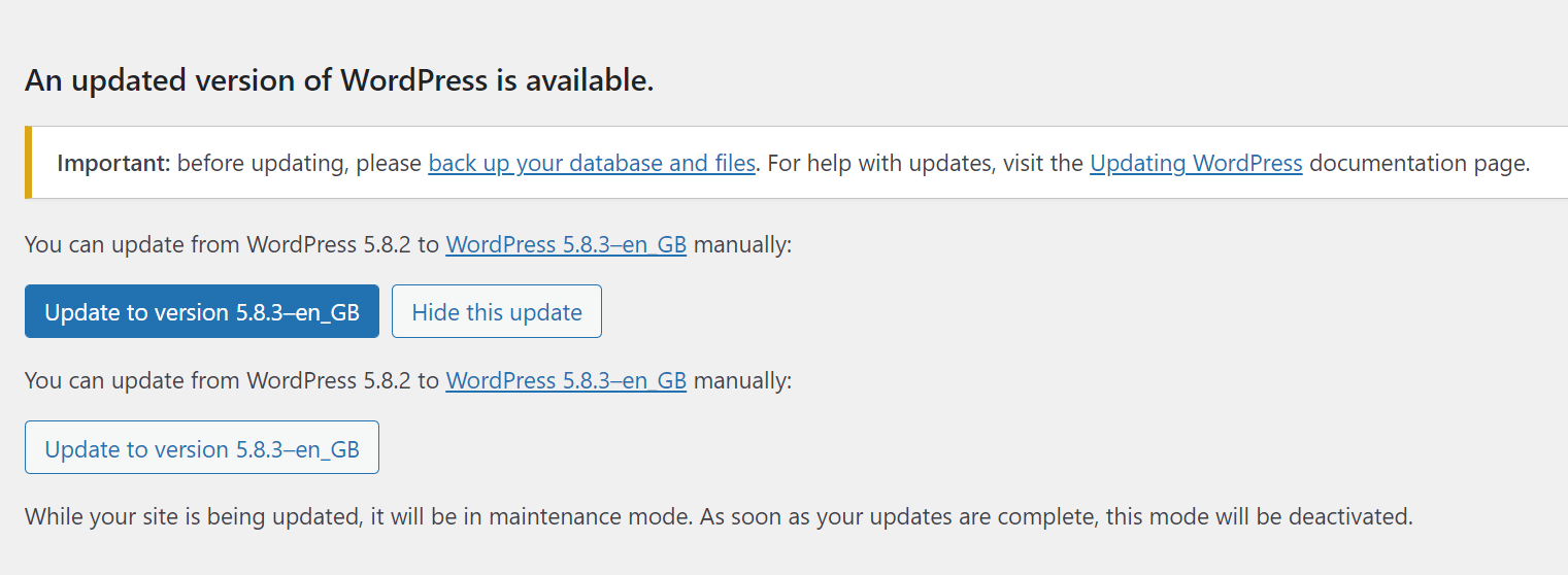 an update available in the WordPress dashboard