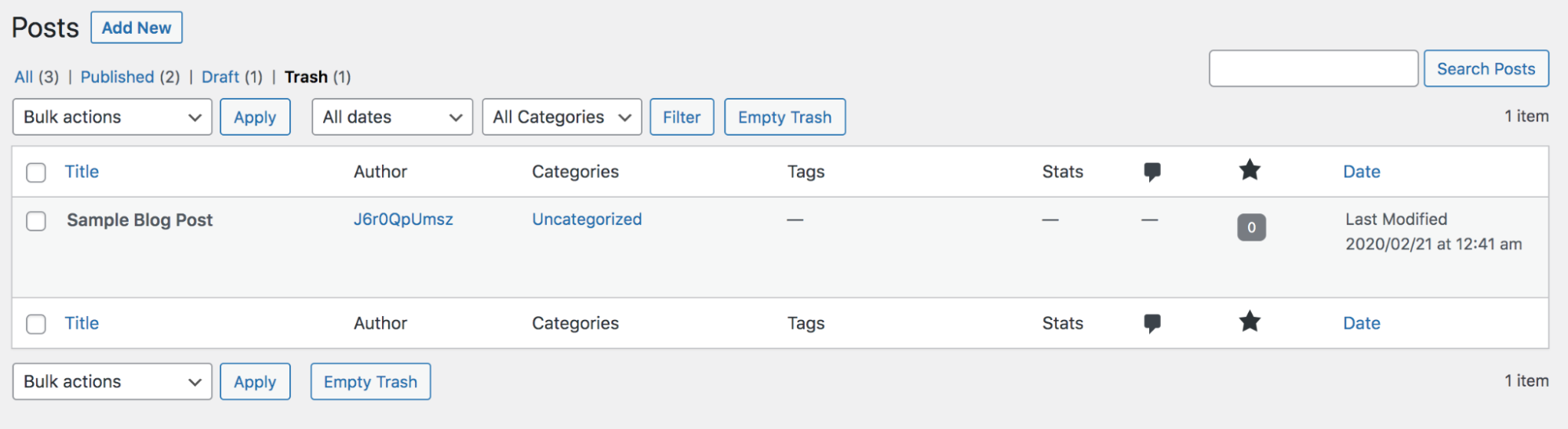 Trash folder opened in WordPress Posts section