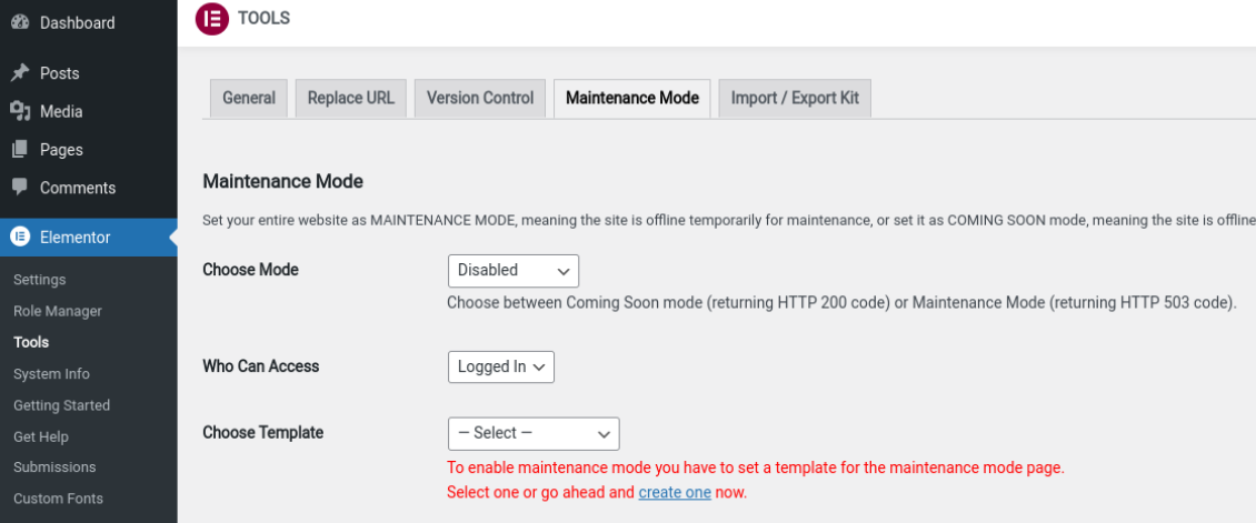 turning on maintenance mode with Elementor