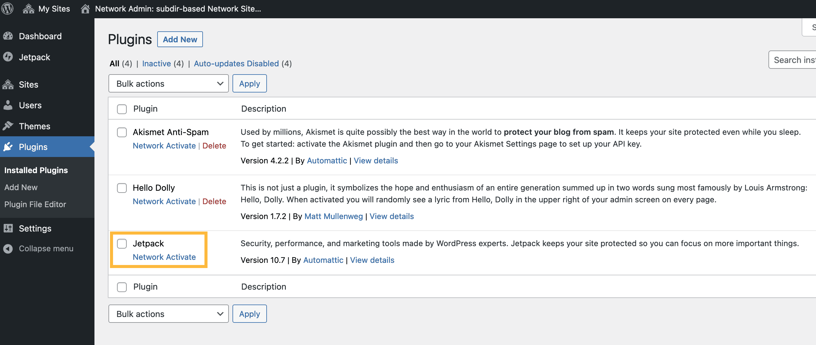 The Plugins management page on a WordPress multisite installation, highlighting where to activate Jetpack.