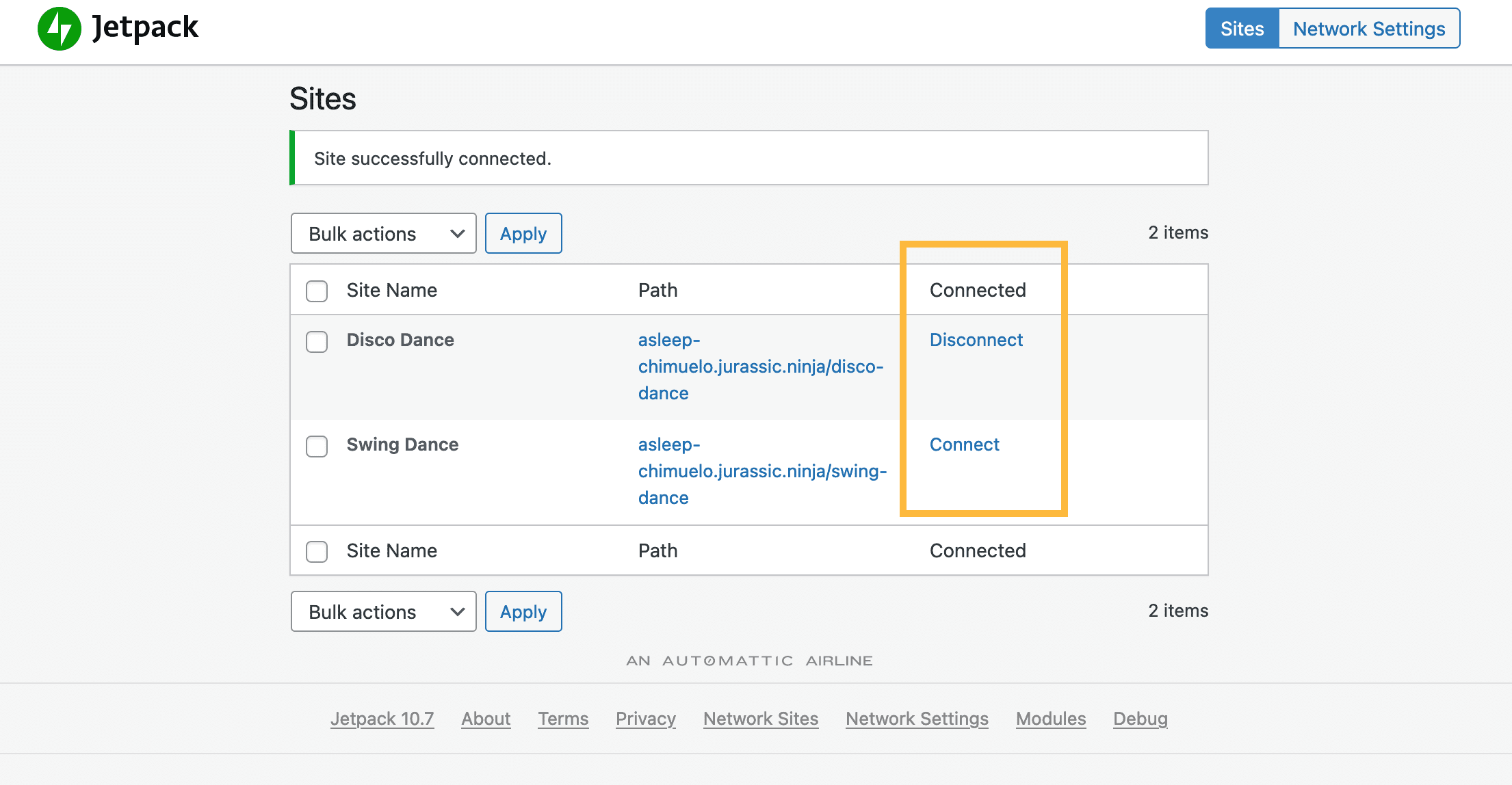 Jetpack UI to manage individual Jetpack connections on a WordPress multisite installation.