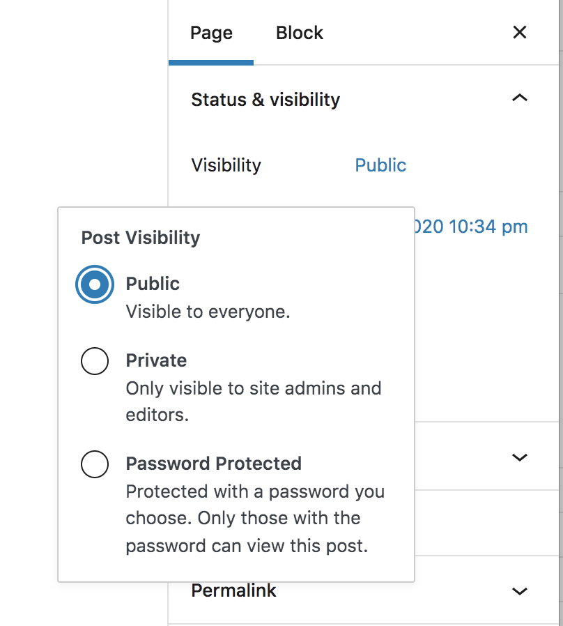 changing page visibility in WordPress